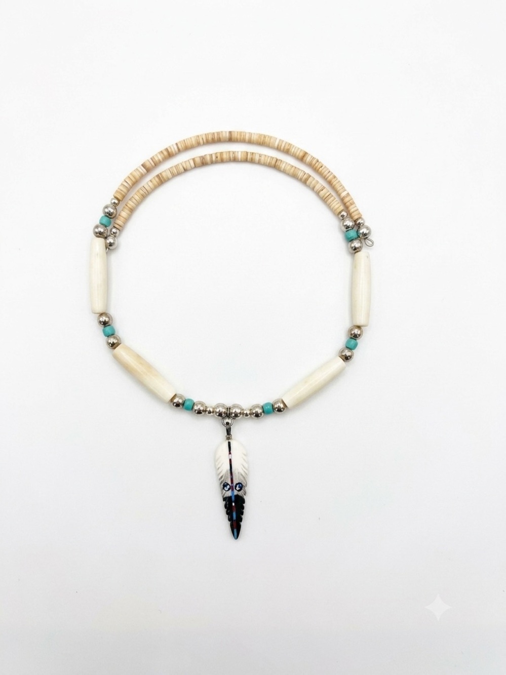 Navajo Sterling Silver Bone Feather Necklace/Choker Hand Painted Southwestern
